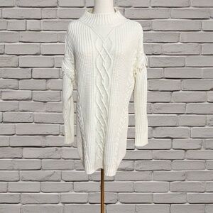 American Rag Cie White Cable Knit Sweater Dress S Fringe Sleeves Open Back